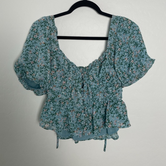 Cottage Floral Puff Sleeve Corset Button Chic Party Fairy Romantic Hip Blouse - Picture 1 of 10